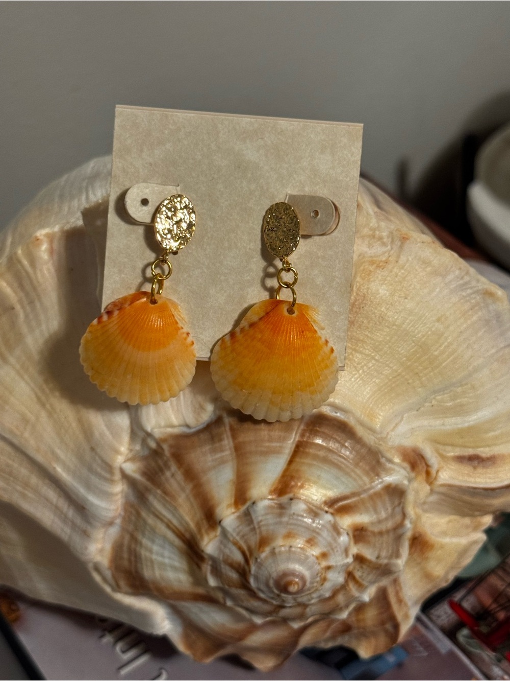White and Orange Shell Drop Earrings W Gold Plated Stainless Steel Earring Base